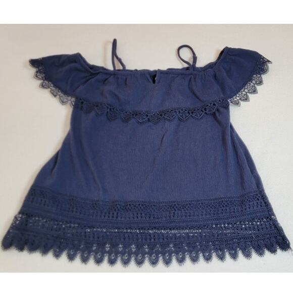 No Boundaries 11-13 L Blue Gauzy Lace Cold Shoulder Ruffle Neck Shirt Y2K Boho - Picture 6 of 11